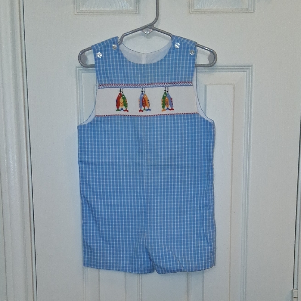 Velani Classic Blue Gingham Baby Romper with Fish Embroidery